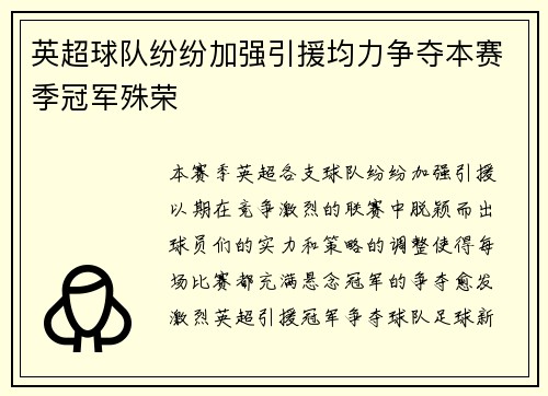 英超球队纷纷加强引援均力争夺本赛季冠军殊荣