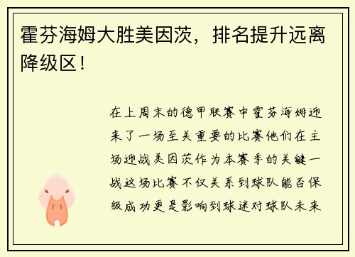 霍芬海姆大胜美因茨，排名提升远离降级区！